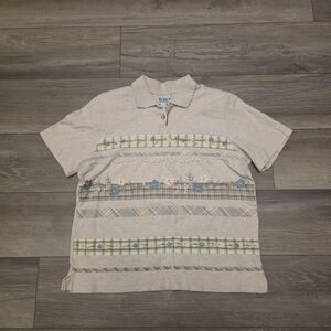 Vtg Shirt Koret Cream Embroidered Floral Summer Polo Shirt Size M.